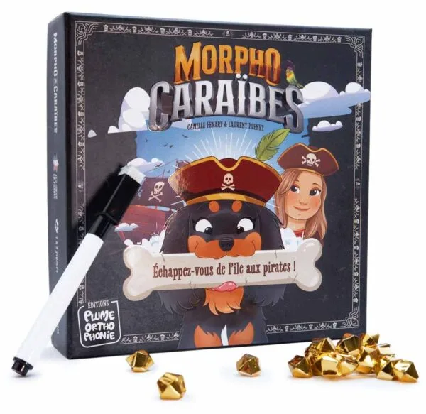 Boîte du jeu Morpho Caraïbes, chien déguisé en pirate, accompagnée de son feutre effaçable et de pépites d'or